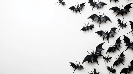 Halloween decorations concept. Halloween with spiders, black bats on white background. Flat lay, top view, copy space