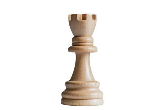 A close-up of a wooden chess rook piece on a white isolated background.