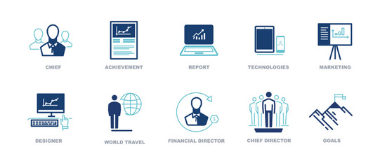 Business infographics icons. Legal services, SEO, sign. Set of investment icons. Economy, money fund, dollar, investor, assets, risk management, financial profit, blue design. Vector illustration