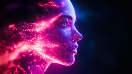 A side profile with pink digital data flowing around it, representing the amalgamation of data and human identity in modern times.