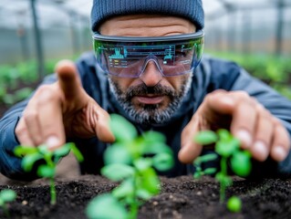 An innovative portrayal of futuristic agriculture utilizing advanced AR technology, demonstrating human interaction with plants in a digitally enhanced environment.