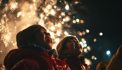 Capture people's reactions and faces illuminated by fireworks in a dark sky, freezing the excitement and awe in the moment