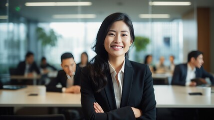 Fototapeta premium Confident Asian businesswoman smiles proudly, dressed in business attire,