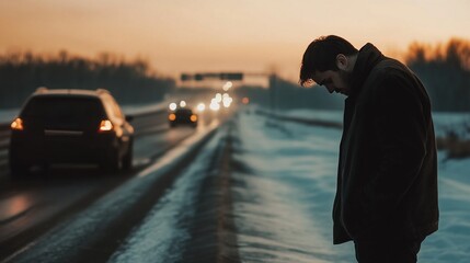 Fototapeta premium Man sitting near his broken car with raised hood on rural road, calling for roadside assistance. Concept of car trouble and frustration.