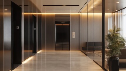 Modern black and classic Elevator doors of office or hotel hallway, Lobby interior, corridor in house with lift,Black elegant lift for passenger or cargo elevators,copy space.
