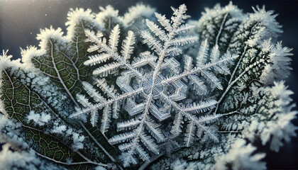A snowflake is on a leaf that is covered in snow. The snowflake is very small and is surrounded by a lot of snow. The image has a peaceful and serene mood