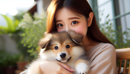 A girl smiling while sitting outdoors with her cute collie dog