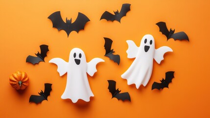 Happy halloween holiday concept. Halloween decorations, bats, ghosts on orange background. Halloween party greeting card mockup with copy space. Flat lay, top view, overhead.