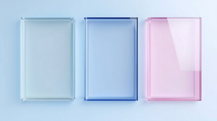 Three rectangular glass boxes of different sizes and shapes in three different colors  a pink and blue color scheme against a light white background