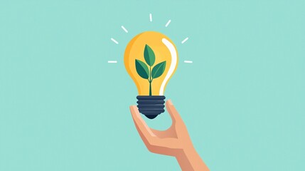 Light bulb with a hand nurturing a plant, fostering ideas into growth, flat design illustration