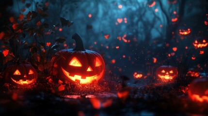 Jack O' Lanterns Glowing In Fantasy Night. Halloween Background