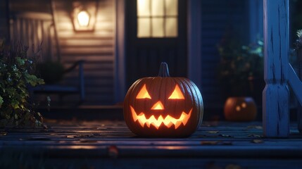 jack-o-lantern carved pumpkin on porch at night for halloween