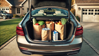 A car trunk is full of groceries. The trunk is open and the bags are stacked on top of each other