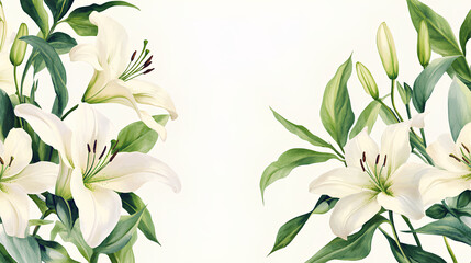 Elegant floral border with white and cream lilies and green leaves