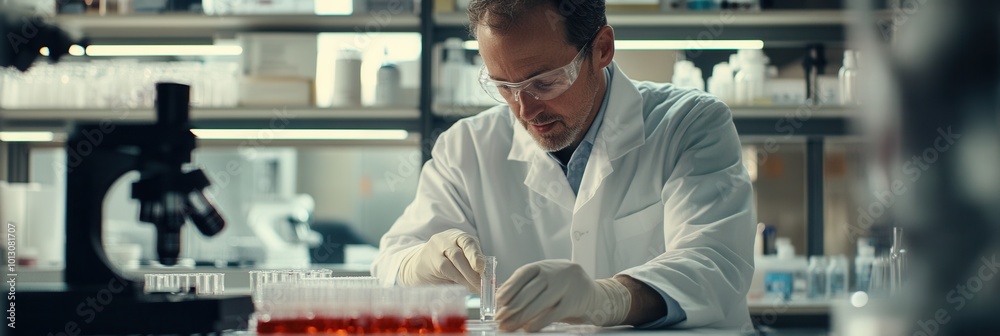 Poster a scientist meticulously manages test tubes and samples, ensuring precision in a laboratory setting 