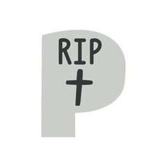 Obraz premium Logo con letra inicial P como lápida de tumba con crucifijo y palabra RIP para tarjetas y felicitaciones de Halloween