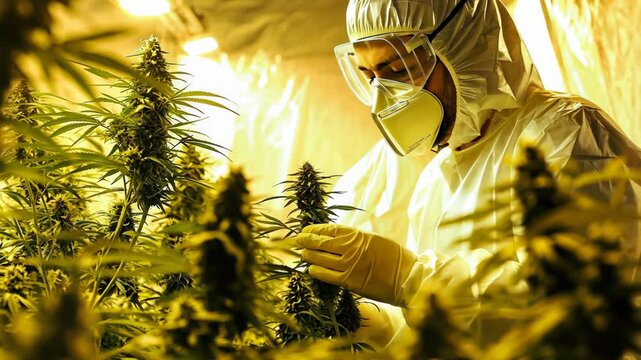 A worker wearing a protective suit inspects a cannabis plant in a grow operation
