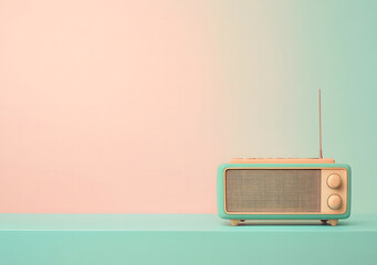 Obraz premium Antilo radio illustration design, 80s and 90s, retro colors on pastel green pink neon light background, copy space design