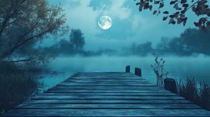 mystic natural halloween background for party invitation card, shining. moonlight on wooden planks, misty lake and trees with copy space for product presentation, halloween party concept banner