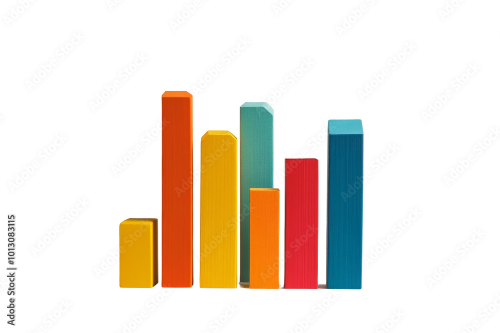 Poster Colorful bar graph representing data analysis on a white isolated background.