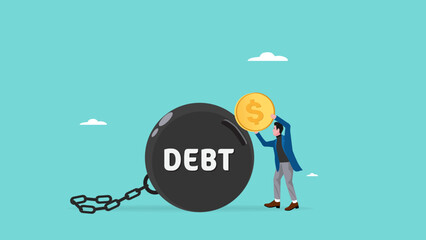 Pay off debt, deficit or borrowing due, managing debt, pay off business debt, responsibility to pay debtor, reduce the burden of obligations, businessmen include gold coins in debt burden