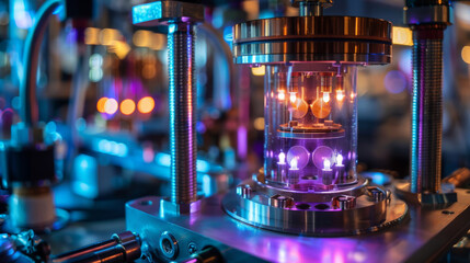 Close-up of high-tech scientific research equipment featuring glowing elements and intricate mechanical details in a laboratory setting.