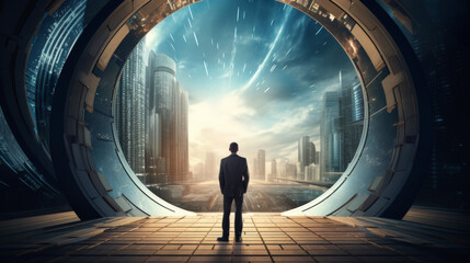 Time travel portal opening in a futuristic business district, business man stepping out