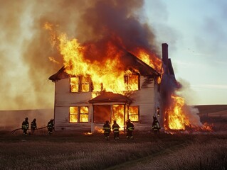 2408 8.A group of local firefighters conducting a controlled burn of an abandoned house in a rural setting. Bright flames blaze through the windows, with firefighters standing at a safe distance,