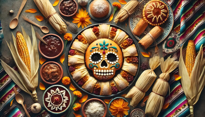 Fototapeta premium Flat lay with traditional Mexican food including pan de muerto, tamales, and mole for Day of the Dead.