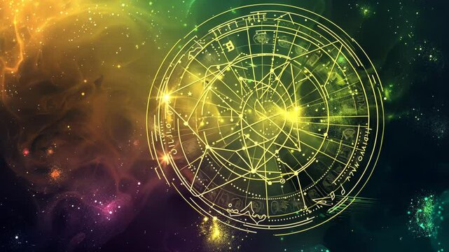 A golden astrological chart glows against a backdrop of swirling nebulae and twinkling stars