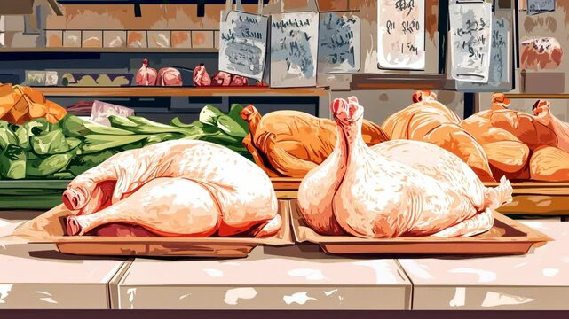 Whole chickens on display at a butcher shop