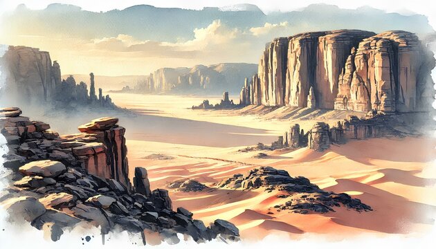 A watercolor painting of Gilf Kebir National Park, featuring rugged cliffs, vast sandy plains, and rocky desert formations under a pale sky.