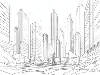 2408 33.A minimalist line drawing of an urban skyline, with imaginative, asymmetrical skyscrapers towering over a bustling city. The buildings feature sharp, angular designs, while the foreground