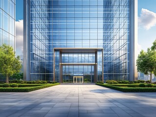 Fototapeta premium 2408 41.A sleek 3D illustration of a modern business center with large glass windows, towering over the surrounding cityscape. The exterior features a combination of reflective glass and steel, with