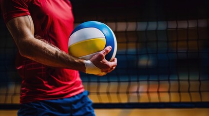 Volleyball Player Holding a Ball in Front of a Net