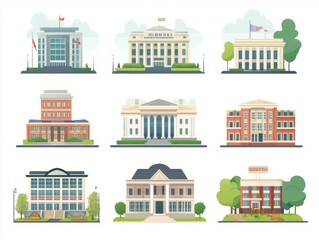 2408 52.A vector illustration of various public and private buildings, including a government office with an imposing front, a spacious school with a playground, and a theater with a classic marquee.