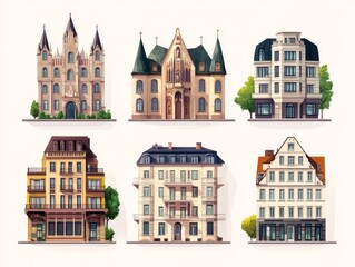 Naklejka premium 2408 55.A series of illustrations depicting iconic city buildings, including a gothic-style church, a contemporary hotel with balconies, a classic post office, and a stately government building. The