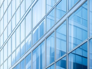 Fototapeta premium 2408 56.A close-up view of a sleek commercial building with reflective glass windows and aluminum composite panels. The exterior is accentuated by diagonal steel cladding that adds a geometric,