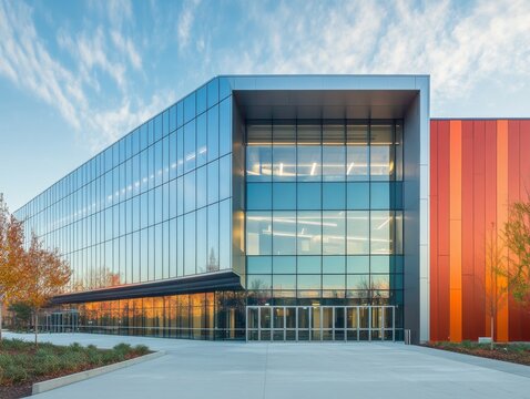 2408 59.A wide-angle shot of a cutting-edge building, combining the sleekness of aluminum composite panels with the transparency of floor-to-ceiling glass windows. Diagonal steel cladding frames the