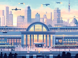 2408 61.A detailed illustration set showcasing urban infrastructure with prominent buildings such as a grand bank with towering pillars, a modern airport terminal with large glass windows, and a
