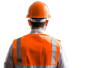 Construction worker in an orange safety vest and helmet, focused on tasks ahead against a white isolate background.