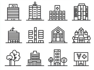 2408 54.A collection of city building facades, including a grand theater with decorative pillars, a university with a modern glass design, and a government office with a flagpole and formal entryway.