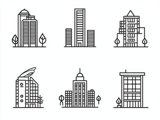 Fototapeta premium 2408 72.A minimalist icon set featuring line drawings of essential city buildings, including a high-rise office tower, a compact school, and a luxurious hotel. The icons are rendered in black and