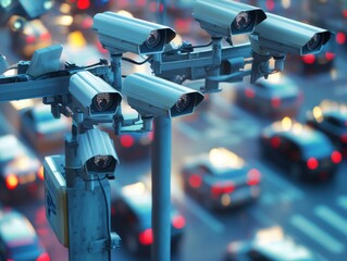 2408 83.An outdoor surveillance system showing advanced CCTV cameras installed on traffic poles, monitoring a busy intersection. The system tracks vehicle movement and pedestrian crossings, providing