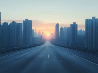 2408 87.A panoramic view of a quiet highway in Chongqing at dawn, where the road is perfectly straight, leading toward towering city buildings. The sun is just rising behind the skyline, casting a