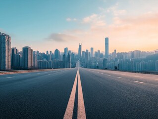 2408 90.A straight asphalt road stretching toward the skyline of Chongqing at sunrise, where the modern cityscape glows with the soft light of early morning. The buildings stand tall in the