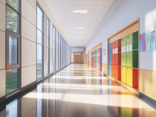 2408 98.A pristine school corridor with smooth, tiled floors and a polished finish. The hallway is empty, featuring colorful lockers and notice boards, with natural light filtering through tall