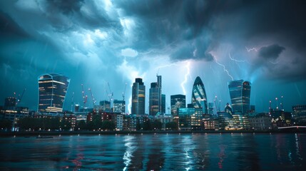 Obraz premium Stormy Cityscape: Lightning Illuminates the Urban Skyline at Night
