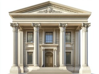 Obraz premium 2408 102.A classic bank building with a solid front view, showcasing tall, elegant columns and a large set of stairs leading to the main entrance. The structure is detailed with ornamental carvings