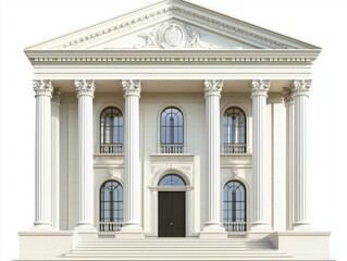 Obraz premium 2408 102.A classic bank building with a solid front view, showcasing tall, elegant columns and a large set of stairs leading to the main entrance. The structure is detailed with ornamental carvings